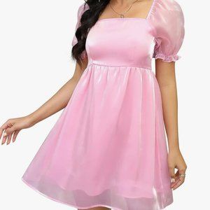 Kojooin women puff sleeve square neck puffy dress babydoll mesh mini dress